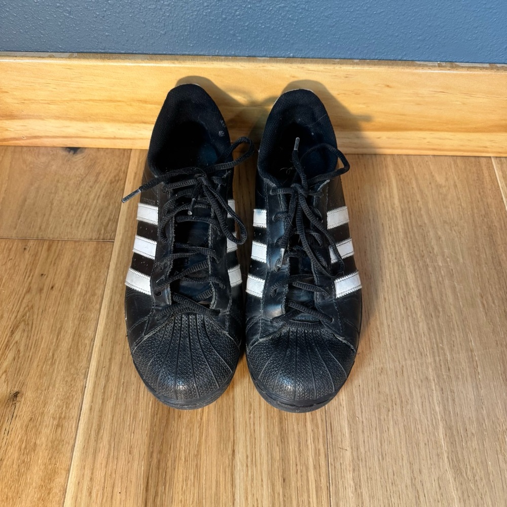Adidas Shell Toe Leather Black and White Stripe Sneakers Men’s Size 6.5/Womens 8 - Picture 6 of 11